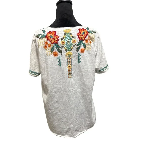 Karyn Seo Womens XL White Cotton Embroidered Floral Boho V-Neck Short Sleeve Top - Picture 2 of 5